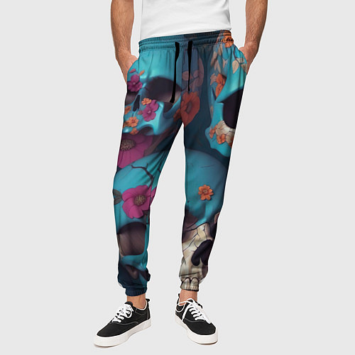 Мужские брюки Черепа с цветами синие / 3D-принт – фото 3