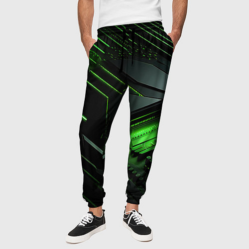 Мужские брюки Металл и зеленый яркий неоновый свет / 3D-принт – фото 3