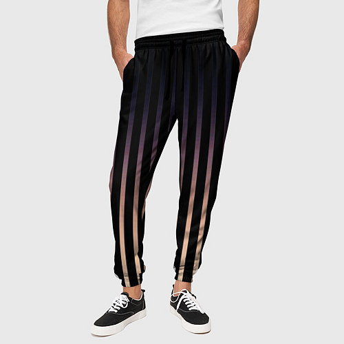 Мужские брюки Переливающиеся полосы чёрно-бежевый / 3D-принт – фото 3