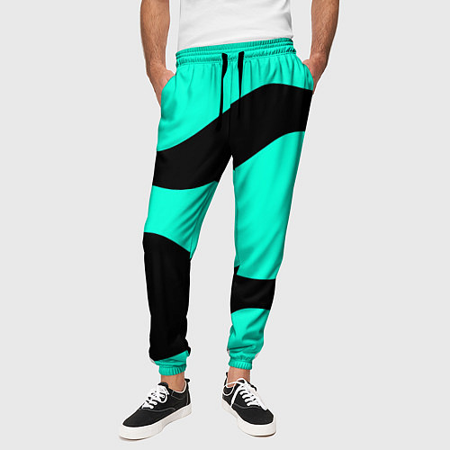 Мужские брюки Бирюзовый в чёрные волнистые полосы абстракция / 3D-принт – фото 3