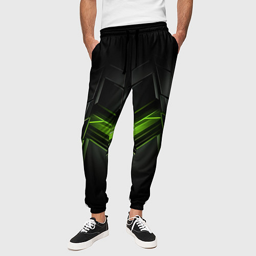 Мужские брюки Объемная абстрактная яркая зеленая фигура на черно / 3D-принт – фото 3