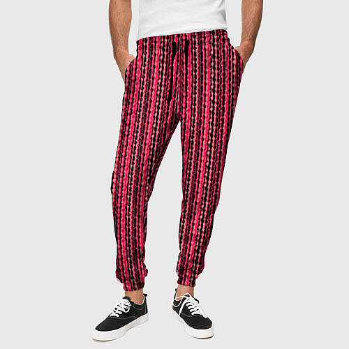 Мужские брюки Красно-розовый искажённые полосы / 3D-принт – фото 3