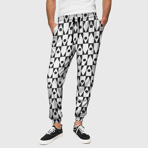 Мужские брюки Чёрно-белые ромбы и круги на белом фоне / 3D-принт – фото 3