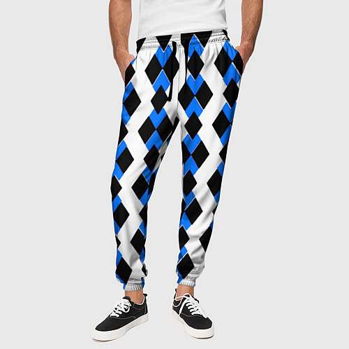 Мужские брюки Чёрные и синие ромбы на белом фоне / 3D-принт – фото 3