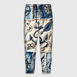 Брюки на резинке мужские Пэчворк с якорем - джинсовка моряка, цвет: 3D-принт