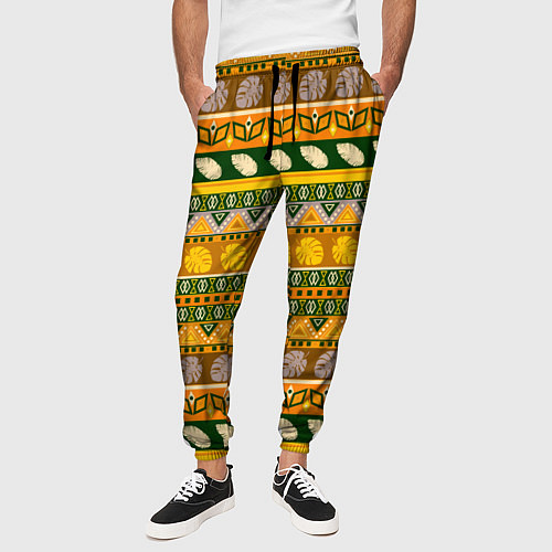 Мужские брюки Оливково желтый полосатый тропический узор / 3D-принт – фото 3