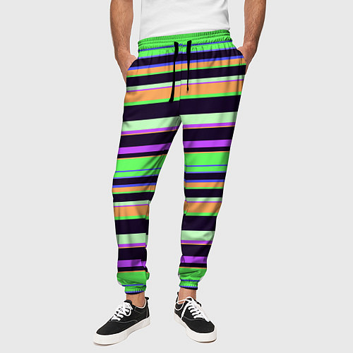 Мужские брюки Зелёно-фиолетовый полосатый / 3D-принт – фото 3