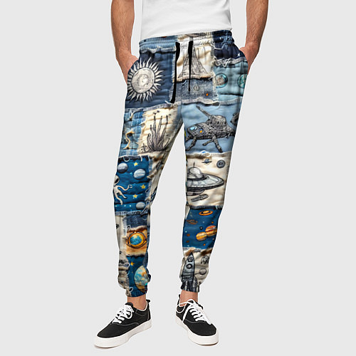 Мужские брюки Джинсовый пэчворк с пришельцами / 3D-принт – фото 3