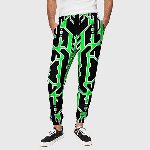 Мужские брюки Техно зелёные линии с белой обводкой на чёрном фон / 3D-принт – фото 3