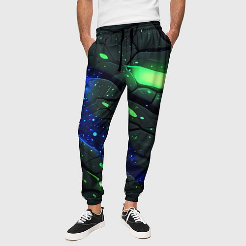 Мужские брюки Разлом плит с зеленым свечением / 3D-принт – фото 3