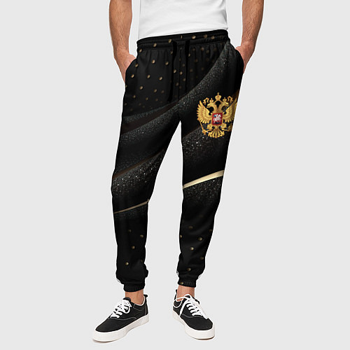 Мужские брюки Золотой герб России на черно-золотой текстуре / 3D-принт – фото 3