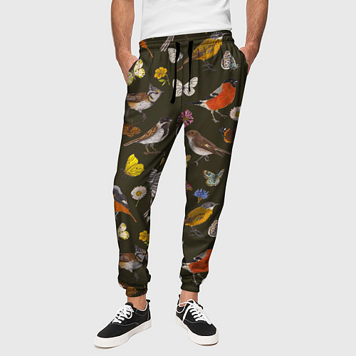 Мужские брюки Птицы и бабочки с цветами паттерн / 3D-принт – фото 3