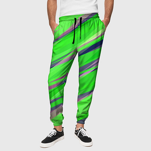Мужские брюки Зелёный и фиолетовый абстрактные полосы / 3D-принт – фото 3
