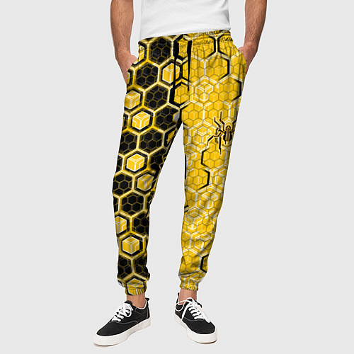 Мужские брюки Киберпанк соты шестиугольники жёлтый и чёрный с па / 3D-принт – фото 3