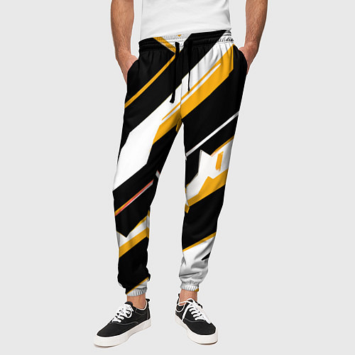 Мужские брюки Жёлто-белые широкие линии на чёрном фоне / 3D-принт – фото 3