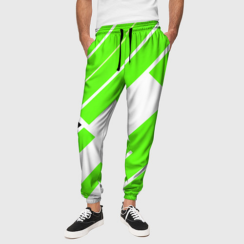 Мужские брюки Зелёные широкие линии на белом фоне / 3D-принт – фото 3