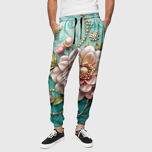 Мужские брюки Объемные цветы и жемчуг / 3D-принт – фото 3