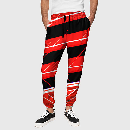 Мужские брюки Чёрно-белые полосы на красном фоне / 3D-принт – фото 3