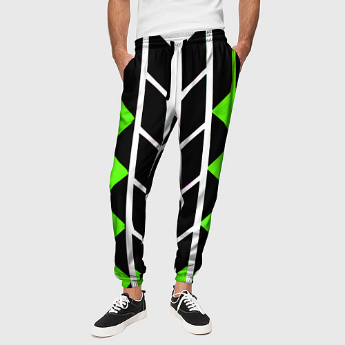 Мужские брюки Бело-зелёные линии на чёрном фоне / 3D-принт – фото 3