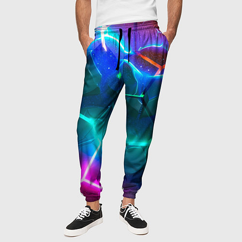 Мужские брюки Яркие неоновые радужные разбитые плиты / 3D-принт – фото 3