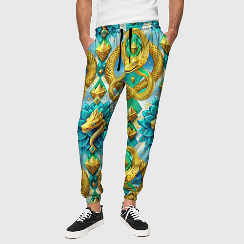 Мужские брюки Золотистые змеи и цветы / 3D-принт – фото 3