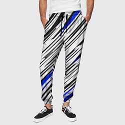 Брюки на резинке мужские Диагональные чёрно-синие полосы на белом фоне, цвет: 3D-принт — фото 2