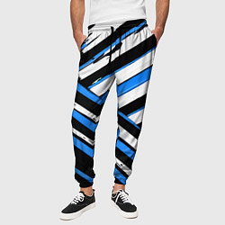 Брюки на резинке мужские Бело-синие диагональные полосы на чёрном фоне, цвет: 3D-принт — фото 2