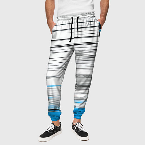 Мужские брюки Чёрные вертикальные полосы на сине-белом фоне / 3D-принт – фото 3