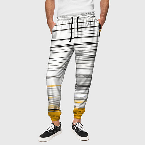 Мужские брюки Чёрные вертикальные полосы на жёлто-белом фоне / 3D-принт – фото 3