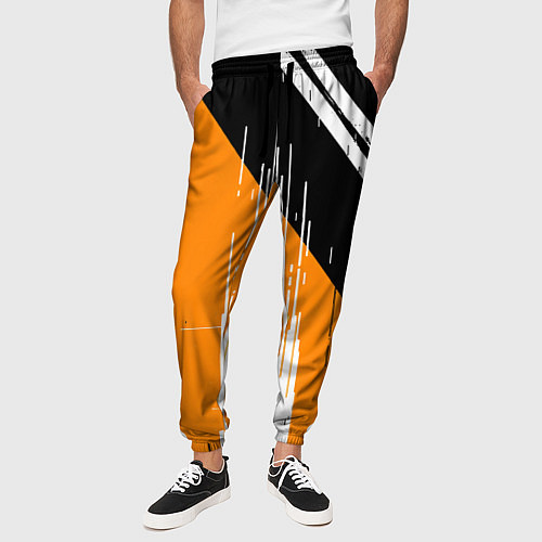 Мужские брюки Вертикальные чёрные линии на оранжево-белом фоне / 3D-принт – фото 3