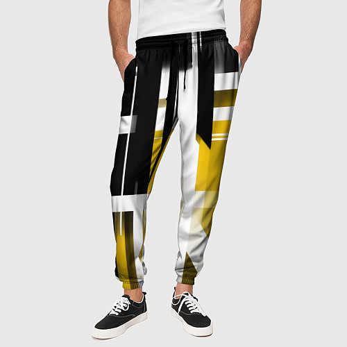 Мужские брюки Чёрно-жёлтые вертикальные и горизонтальные полосы / 3D-принт – фото 3