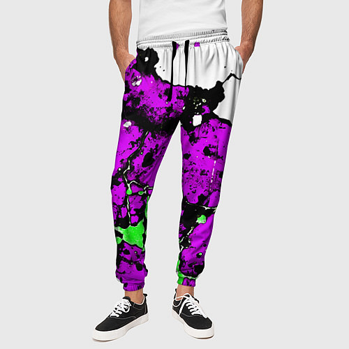 Мужские брюки Зелёно-розовая абстракция на белом фоне / 3D-принт – фото 3