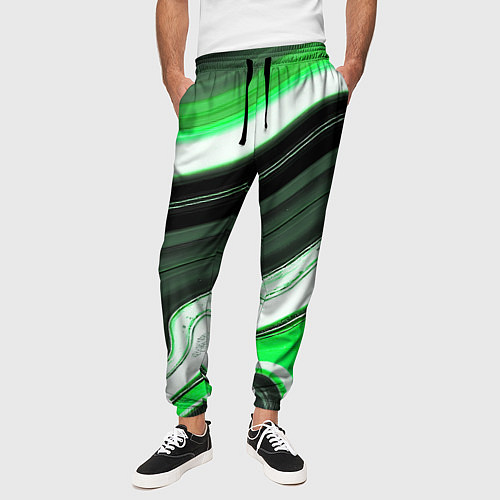 Мужские брюки Волнистые горизонтальные чёрно-зелёные полосы на б / 3D-принт – фото 3