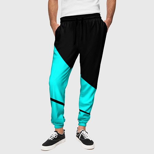 Мужские брюки Чёрный и неоновый голубой двуцветный с полосой / 3D-принт – фото 3