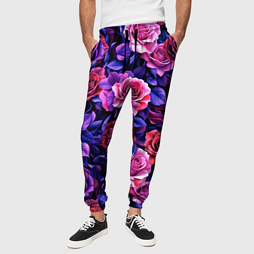Мужские брюки Разноцветные цветы - синие розы паттерн / 3D-принт – фото 3