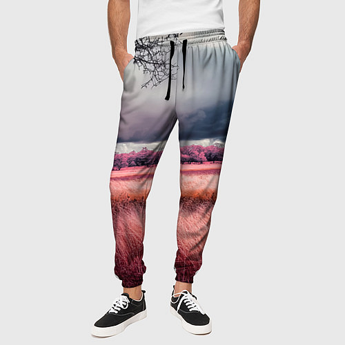 Мужские брюки Поле и деревья пейзаж - инфракрасный стиль / 3D-принт – фото 3
