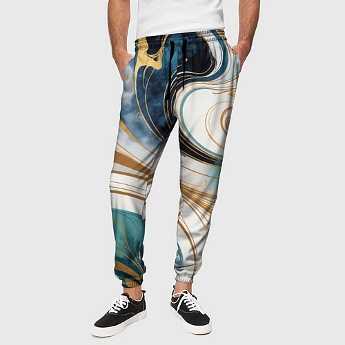 Мужские брюки Аквамарин и оранж узор с завитками / 3D-принт – фото 3