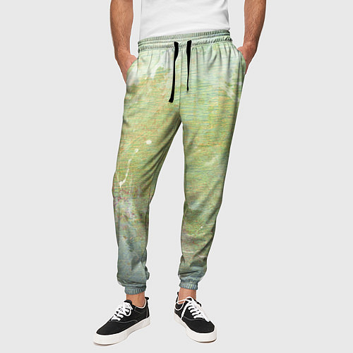Мужские брюки Абстракция - white waves on green background / 3D-принт – фото 3