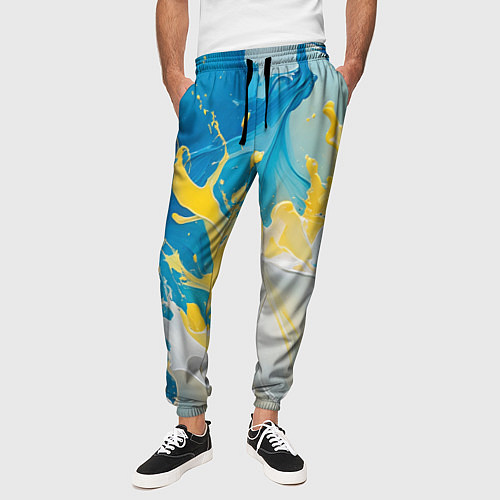 Мужские брюки Масляные краски, брызги, желтые белые синие цвета / 3D-принт – фото 3