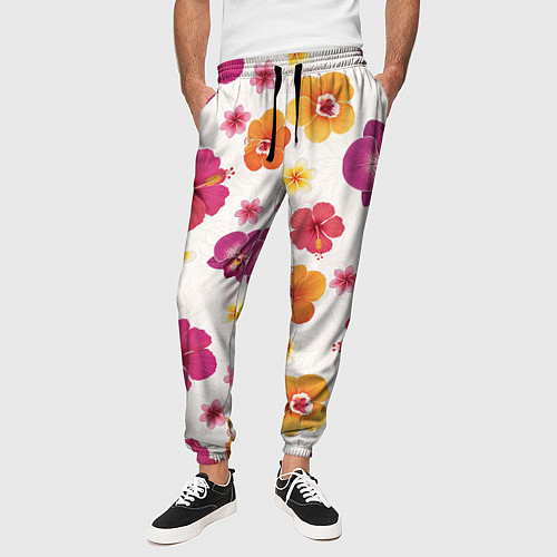 Мужские брюки Тропический букет - узор с яркими гибискусами и ор / 3D-принт – фото 3