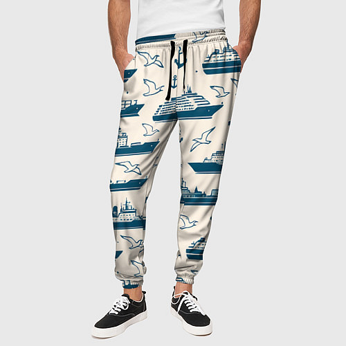 Мужские брюки Морской паттерн из чаек, якорей и кораблей / 3D-принт – фото 3