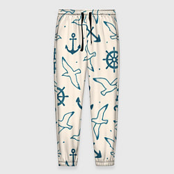Брюки на резинке мужские Морской паттерн из штурвалов, чаек и якорей, цвет: 3D-принт