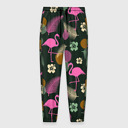 Брюки на резинке мужские Фламинго и листья на темно-зеленом, цвет: 3D-принт