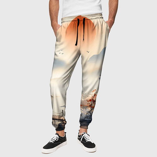 Мужские брюки Таинственный Японский пейзаж - акварель / 3D-принт – фото 3