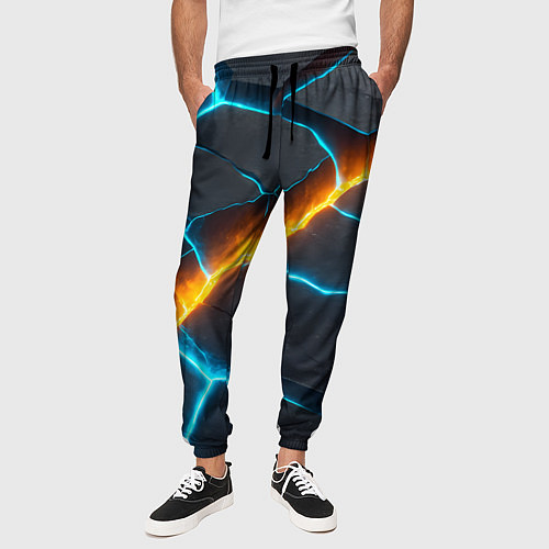 Мужские брюки Оранжевая лава из синих неоновых плит / 3D-принт – фото 3