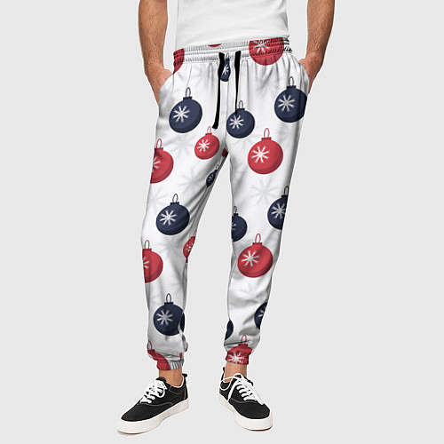 Мужские брюки Синие и красные новогодние шары со снежинками / 3D-принт – фото 3