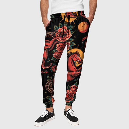 Мужские брюки Красная лошадь с розами / 3D-принт – фото 3