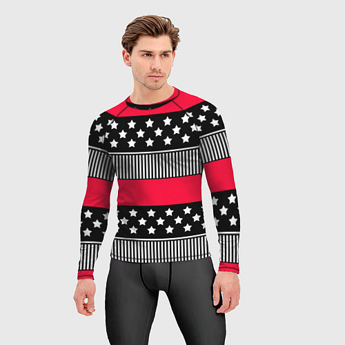Мужской рашгард Red and black pattern with stripes and stars / 3D-принт – фото 3