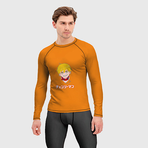 Мужской рашгард Человек-бензопила Дэндзи на оранжевом фоне / 3D-принт – фото 3