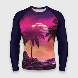 Рашгард мужской Пальмы и пляж в розовом закате ретро дизайн, цвет: 3D-принт